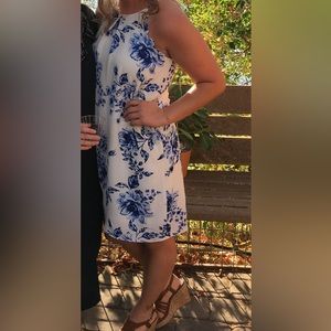 Blue and white IZ Byer dress with scalloped straps, size medium